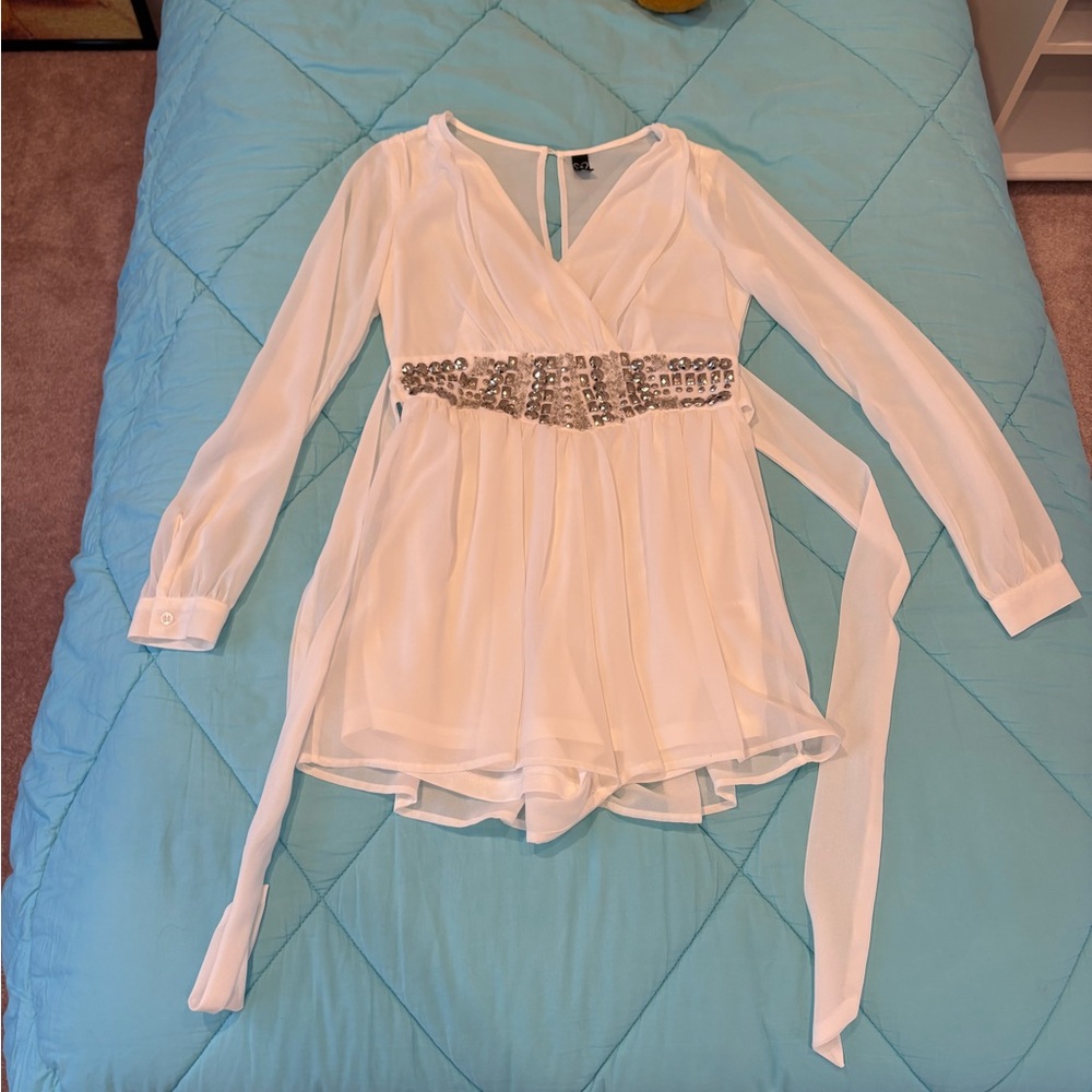 Windsor White Long-Sleeve Embellished Waist Wrap Romper